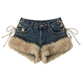 2000s Fur Trim Denim Shorts
