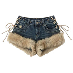2000s Fur Trim Denim Shorts
