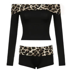 Y2K Leopard Bardot Top & Shorts Set