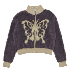 Butterfly Print Fuzzy Bomber