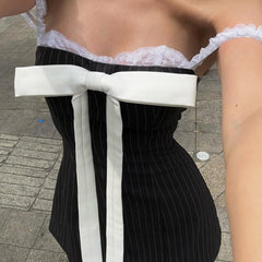 Bow Lace Striped Mini Dress