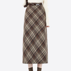 Coffee Cream Plaid Midi Skirt