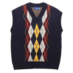 Oversized Argyle V-Neck Grandpa Knit Vest