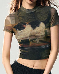 Playful Kitten Print Y2K Top