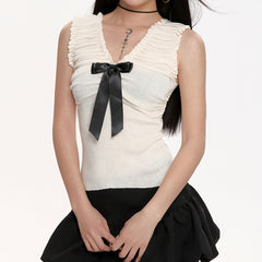 Preppy Ruched Top with Satin Bow