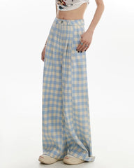 Wide-Leg Blue Gingham Trousers