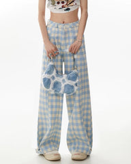 Wide-Leg Blue Gingham Trousers