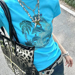 Y2K Dolphin Rhinestone Baby Tee