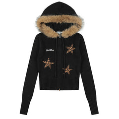 Y2K Star Fur Trim Zip Hoodie