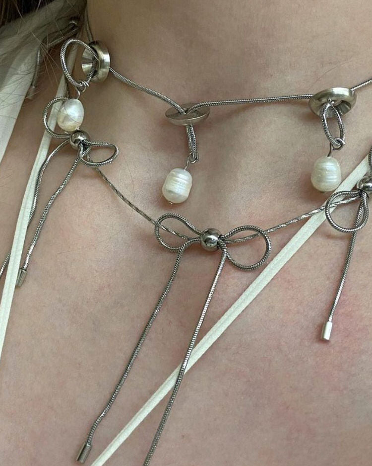 Coquette Aesthetic Silver Bows Choker