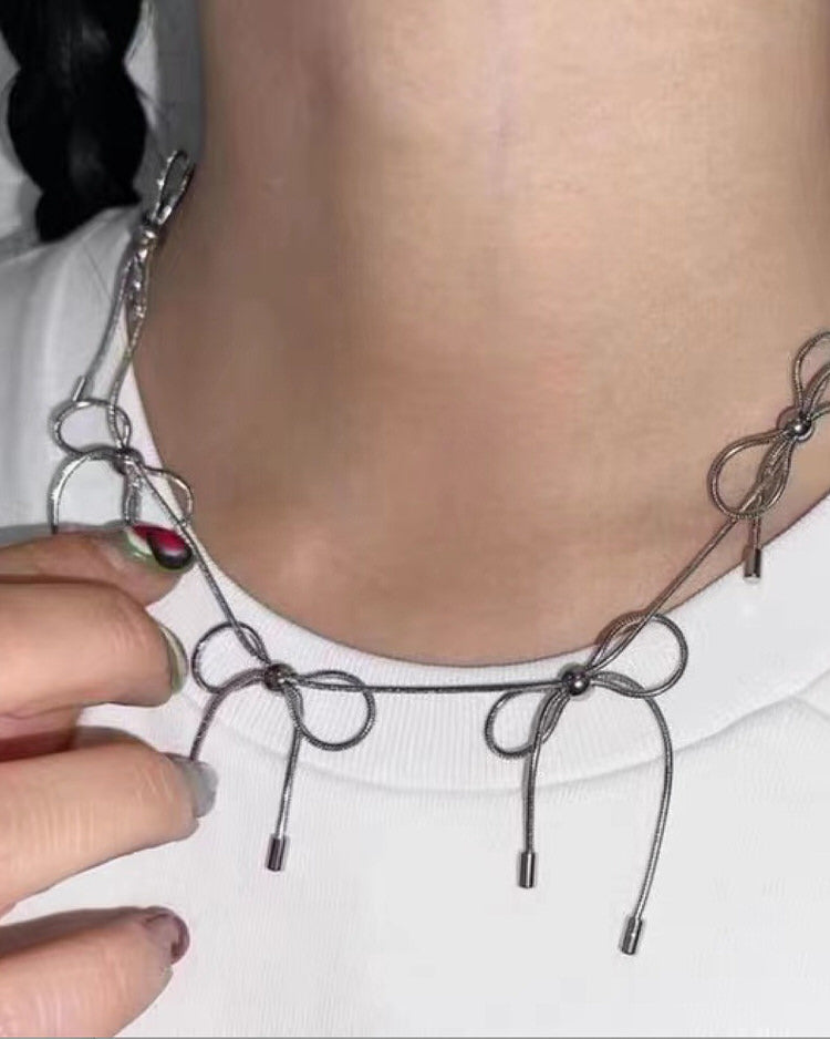 Coquette Aesthetic Silver Bows Choker