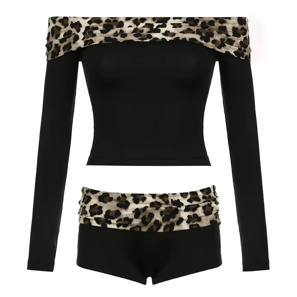 Y2K Leopard Bardot Top & Shorts Set