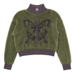 Butterfly Print Fuzzy Bomber