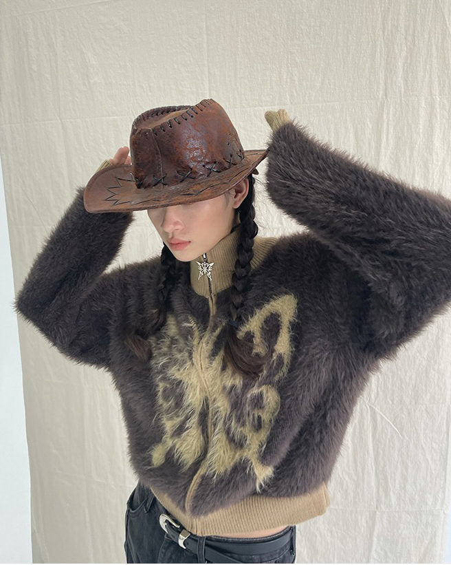 Butterfly Print Fuzzy Bomber