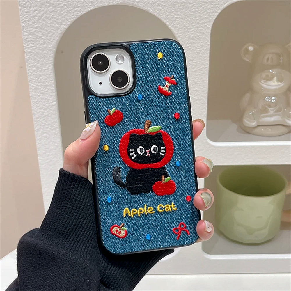 Apple Cat Embroidery iPhone Case