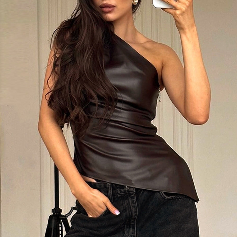 Asymmetric One Shoulder Leather Top