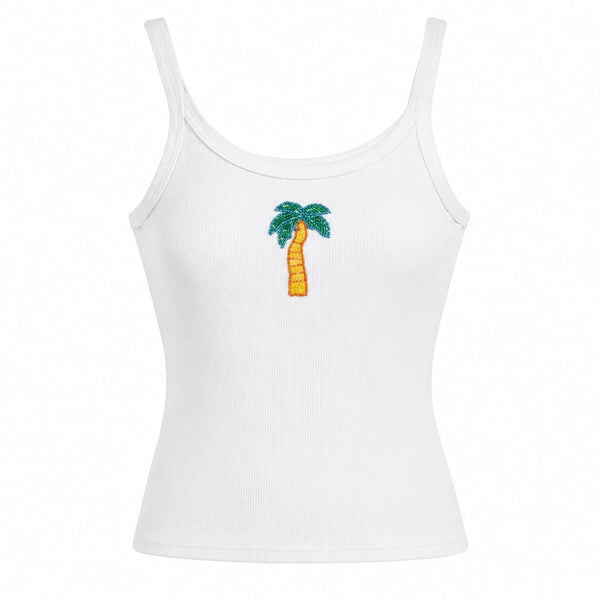 Beaded Palm Tree Ribbed Tank Top