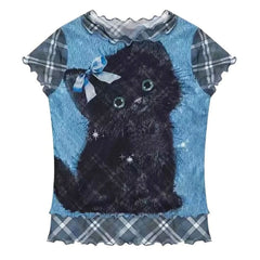 Black Kitten Print Y2K Plaid Top