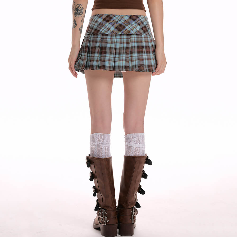 Blue Brown Pleated Mini Skirt