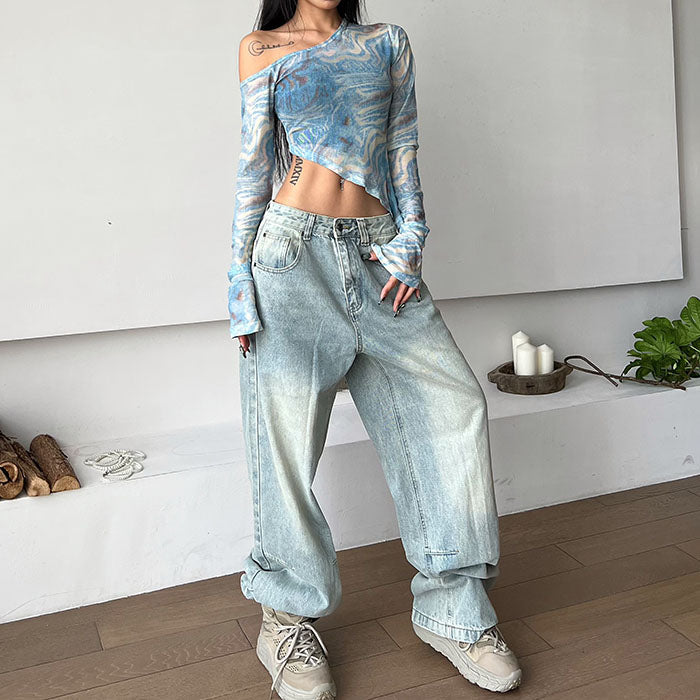 Blue Marble Asymmetrical Crop Top