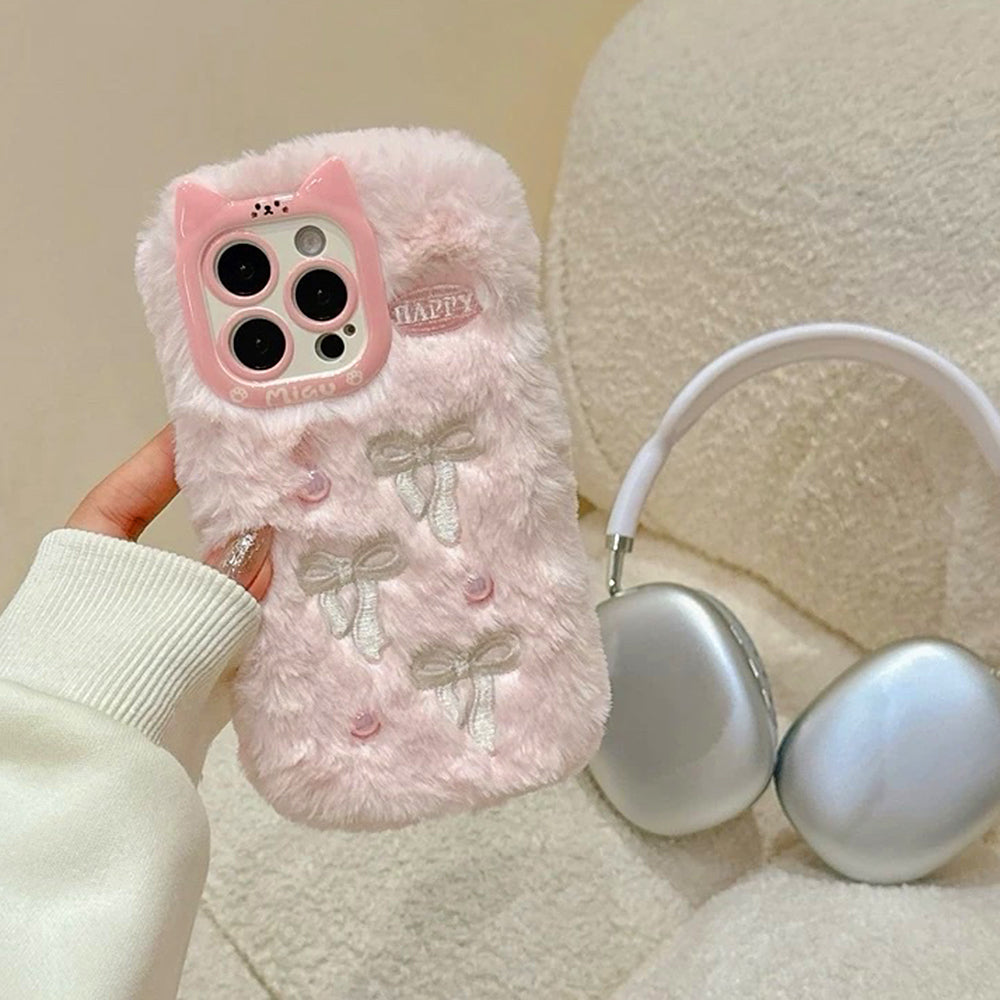 Bow Embroidery Fluffy iPhone Case