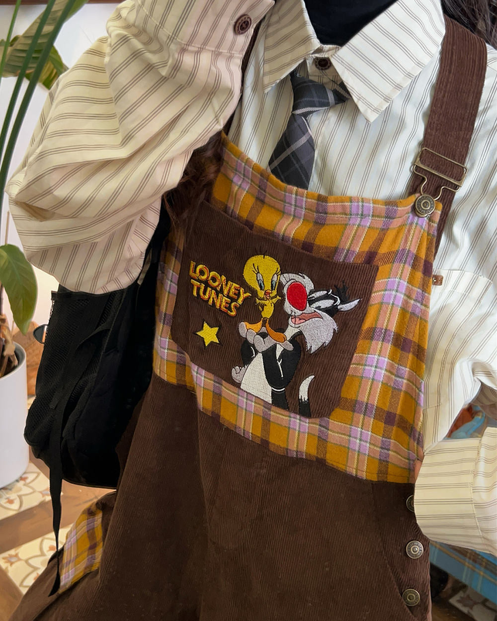 Brown Corduroy 90s Cartoon Dungarees