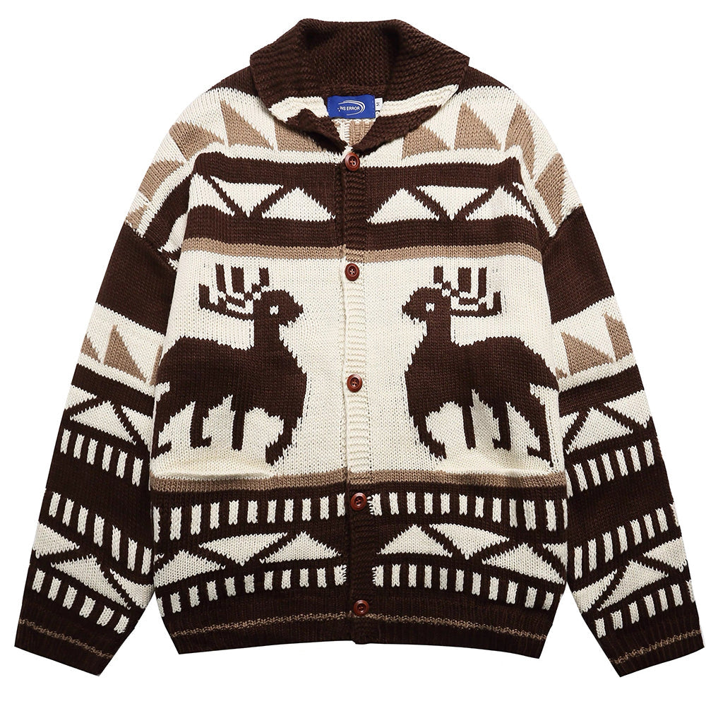 Brown Reindeer Knit Hooded Cardigan