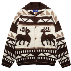 Brown Reindeer Knit Hooded Cardigan