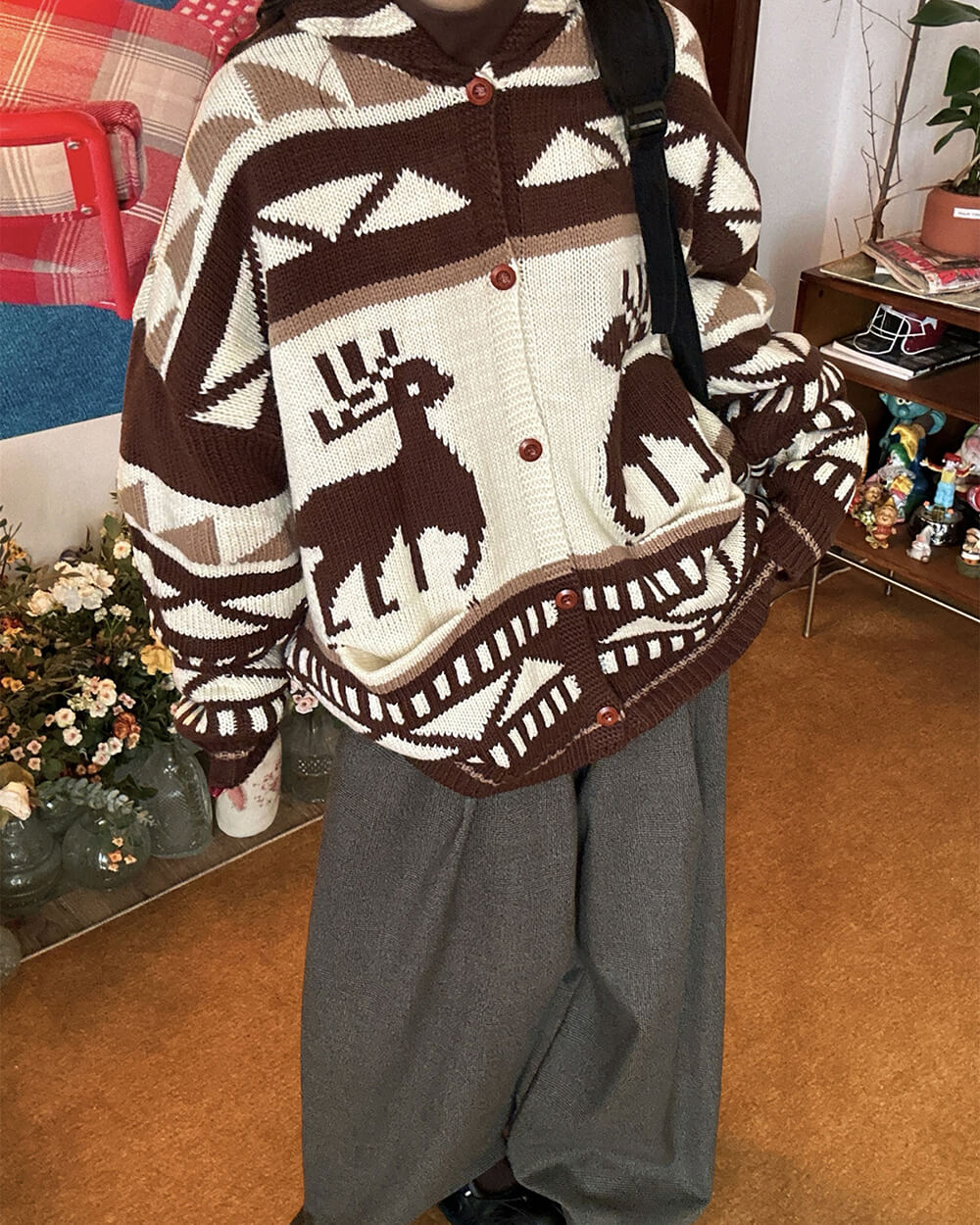 Brown Reindeer Knit Hooded Cardigan