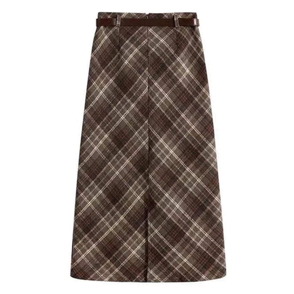 Coffee Cream Plaid Midi Skirt