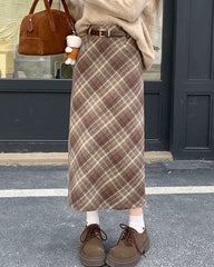 Coffee Cream Plaid Midi Skirt