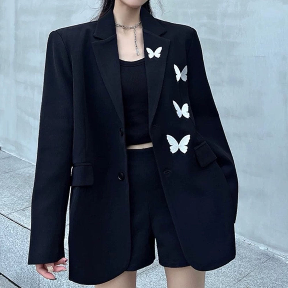 Butterfly Embroidery Black Blazer