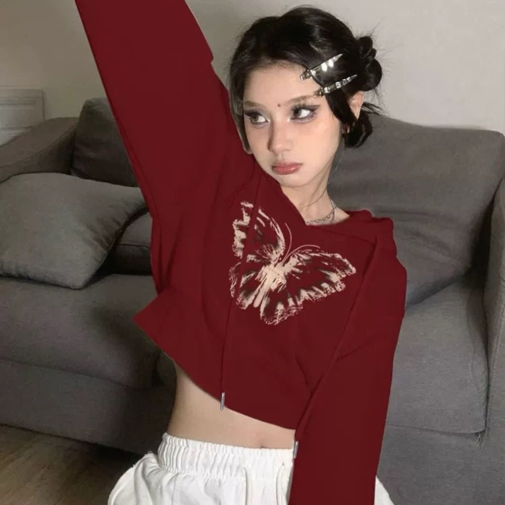Butterfly Print Crop Hoodie