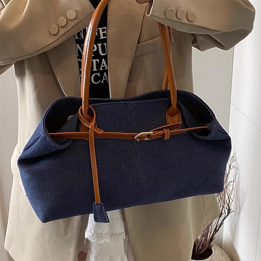 Color Block Denim Belted Bag
