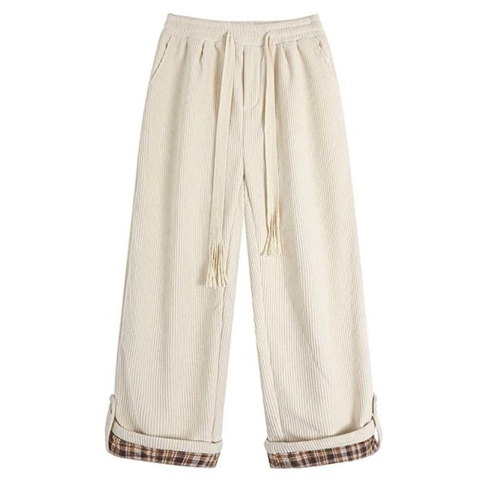 Cord Wide-Leg Pants with Plaid Cuffs
