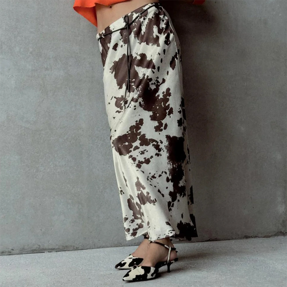 Cow Print Satin Maxi Skirt