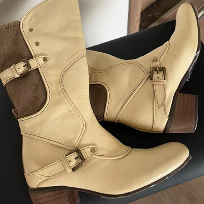 Cream Cowboy Boots with Buckle Straps