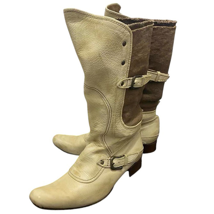 Cream Cowboy Boots with Buckle Straps