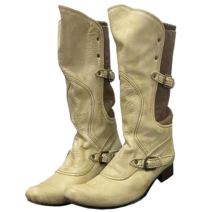 Cream Cowboy Boots with Buckle Straps
