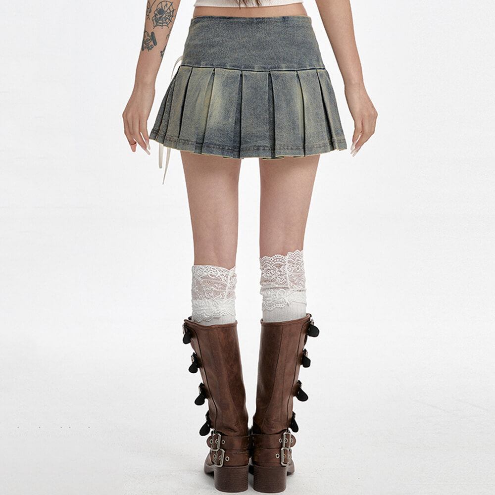 Fairy Grunge Lace Up Denim Pleated Skirt