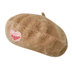 Cotton Candy Fluffy Beret with Heart Patch