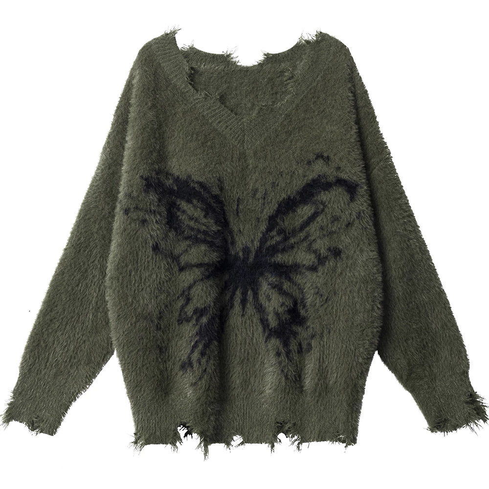 Grunge Butterfly Fuzzy Knit Sweater