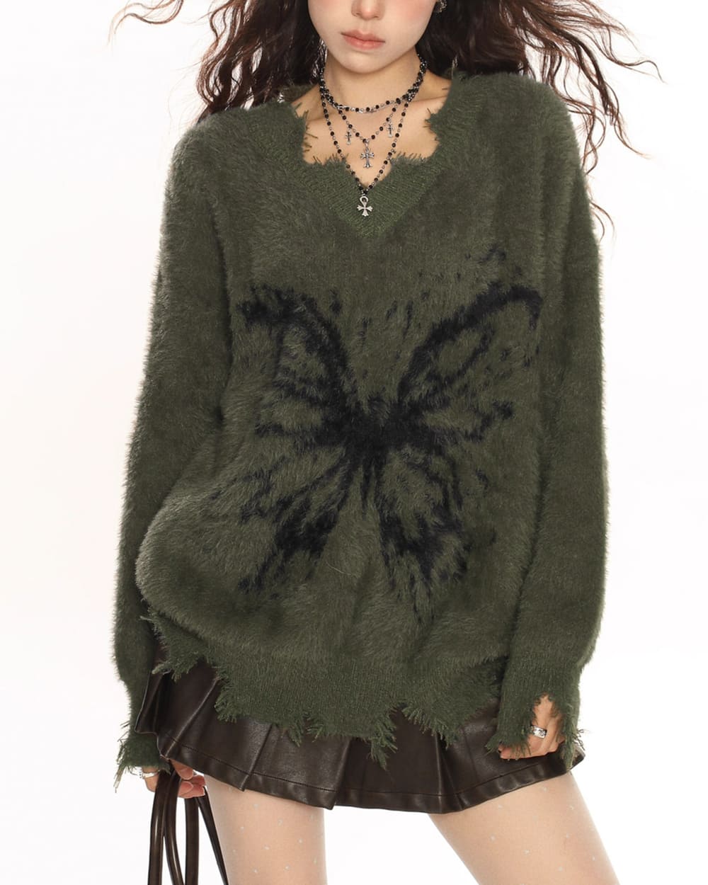 Grunge Butterfly Fuzzy Knit Sweater