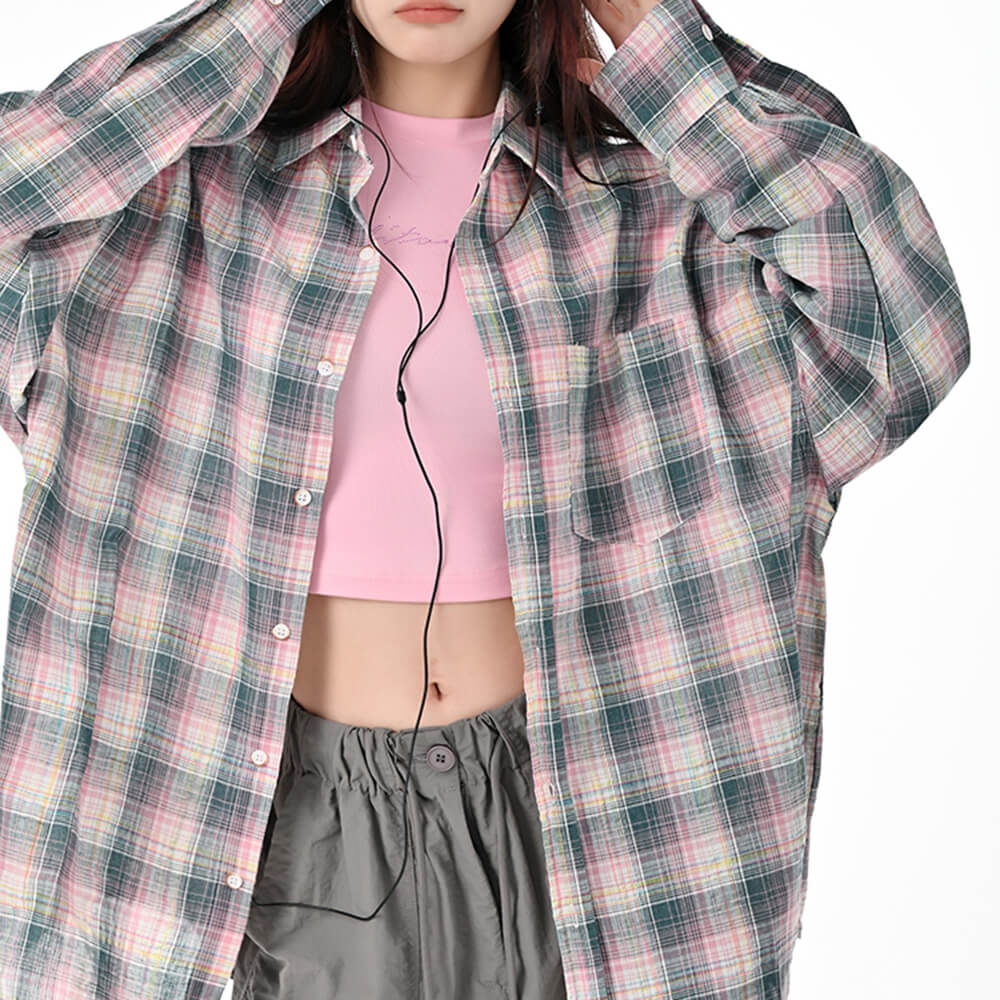 Pink and Green Plaid Button-Up Shirt
