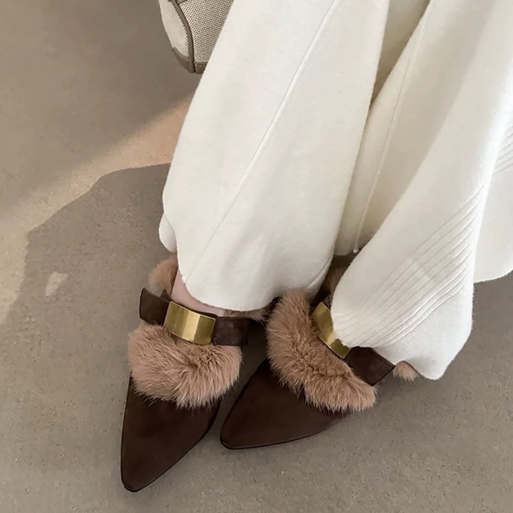 Pointed-Toe Faux Fur Mules