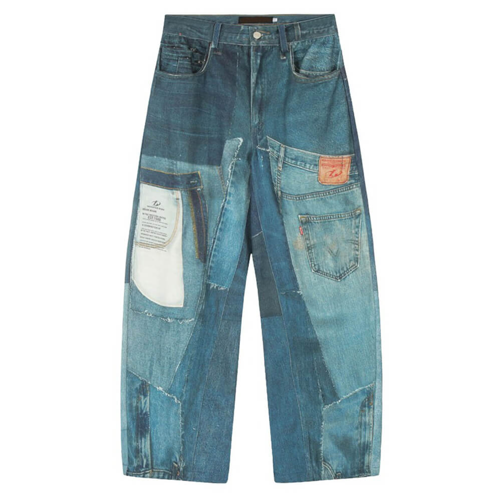 Printed Panel Look Baggy Denim Pants