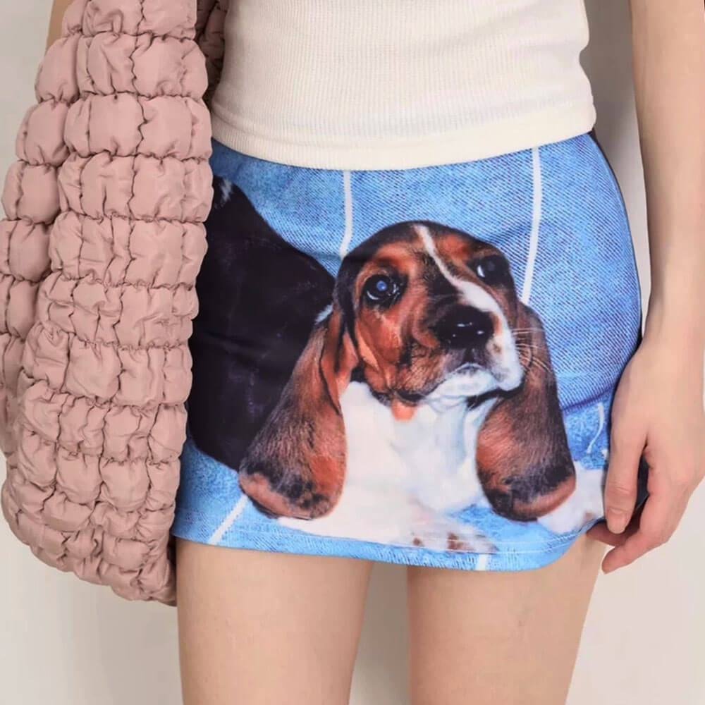 Puppy Print Y2K Denim Micro Skirt