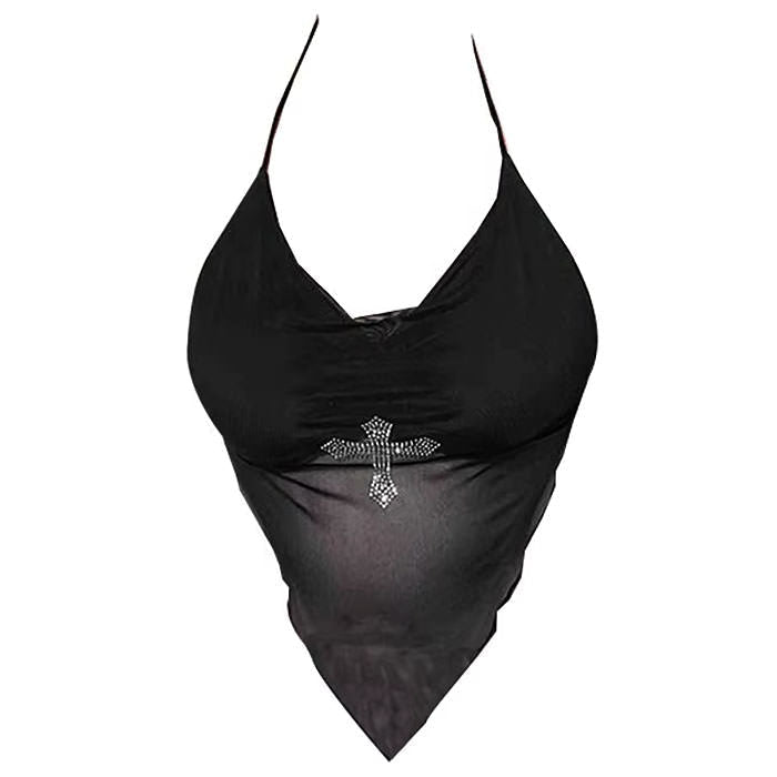 Y2K Rhinestone Cross Scarf Top