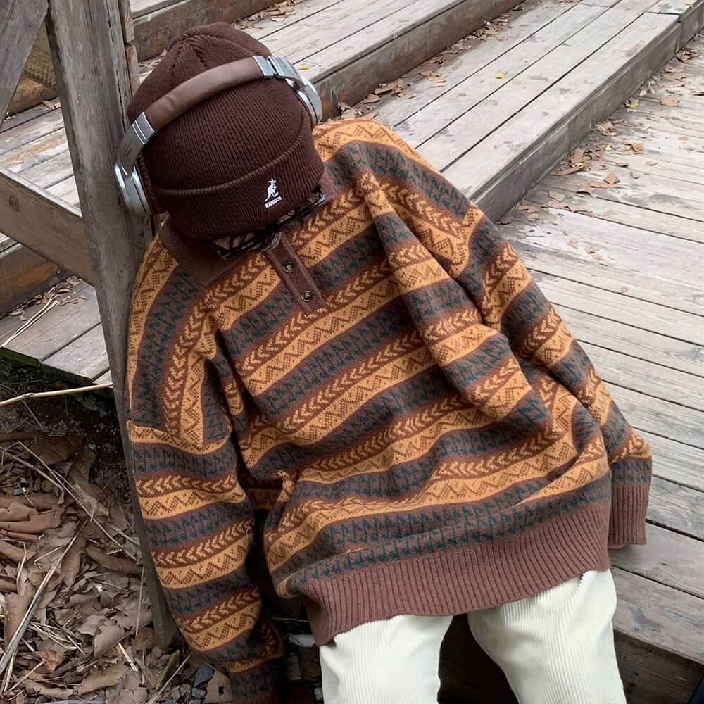 Striped Pattern Grandma Collar Sweater