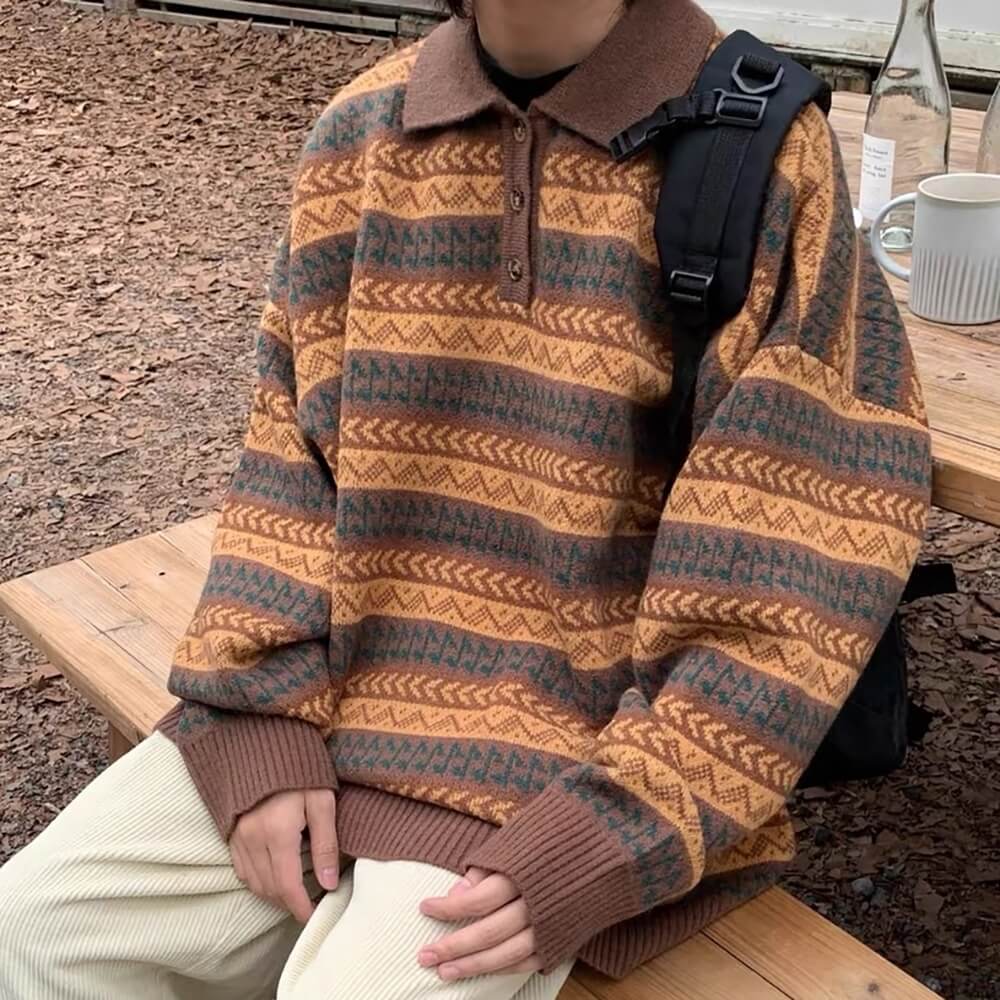 Striped Pattern Grandma Collar Sweater